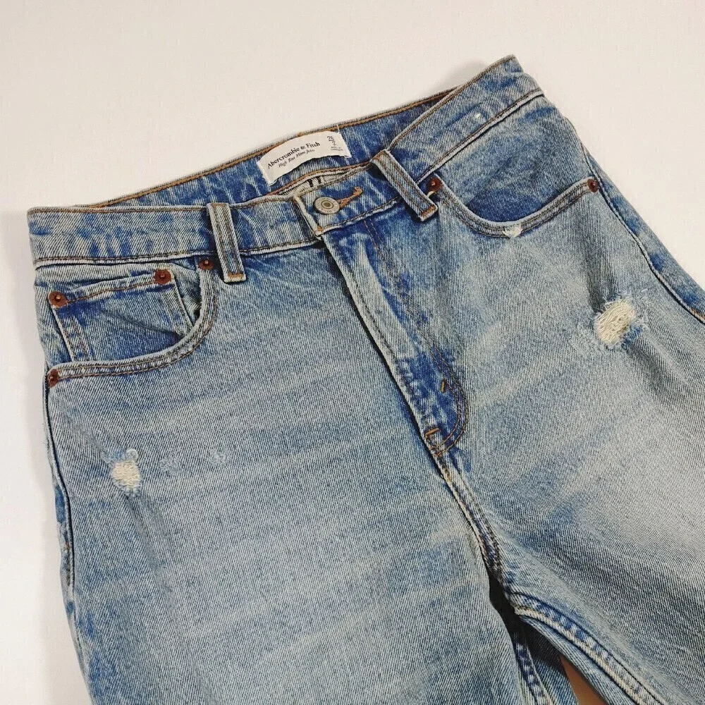 Abercrombie & Fitch High Rise Mom Jean Womens 26/2 S Blue Denim Short Distressed